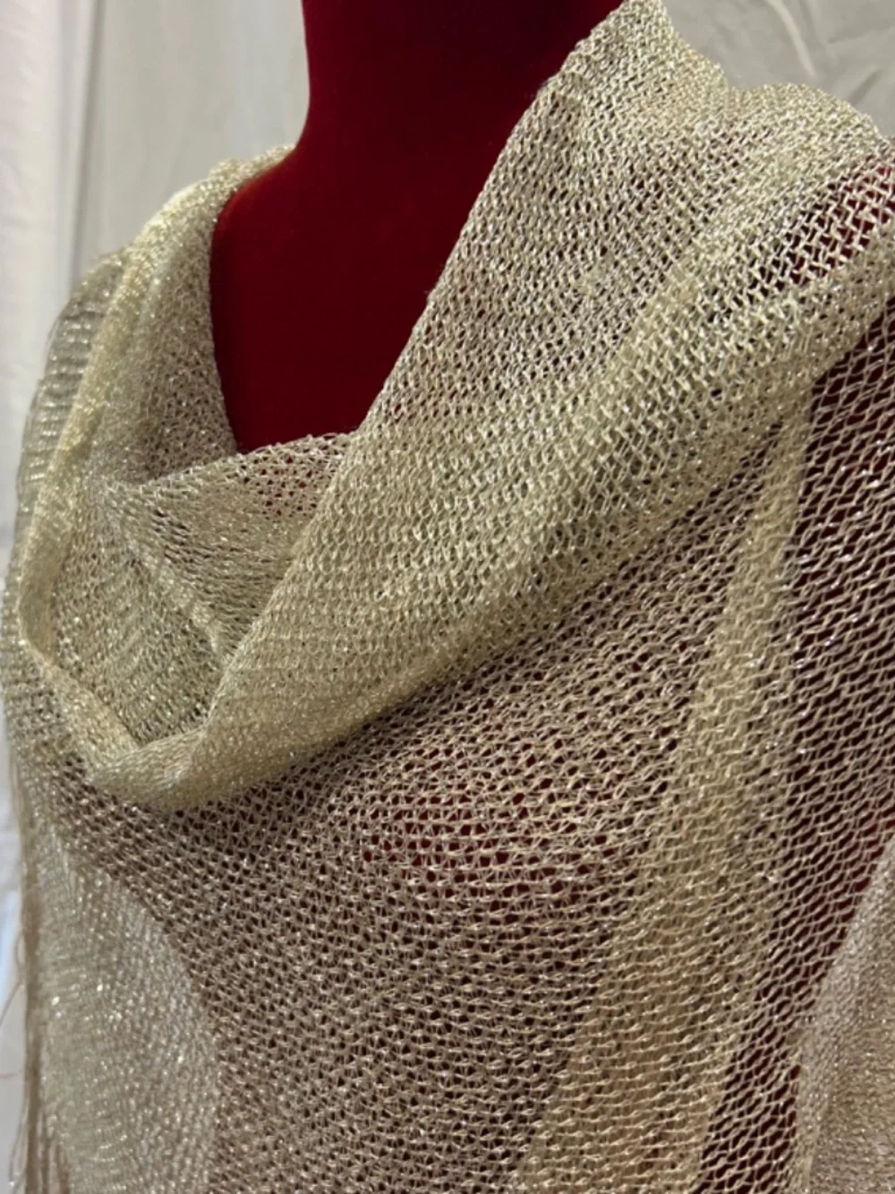 Glitter Metallic Champagne/Gold Shawl Wrap Open Weave Fringe Evening Scarf Glam
